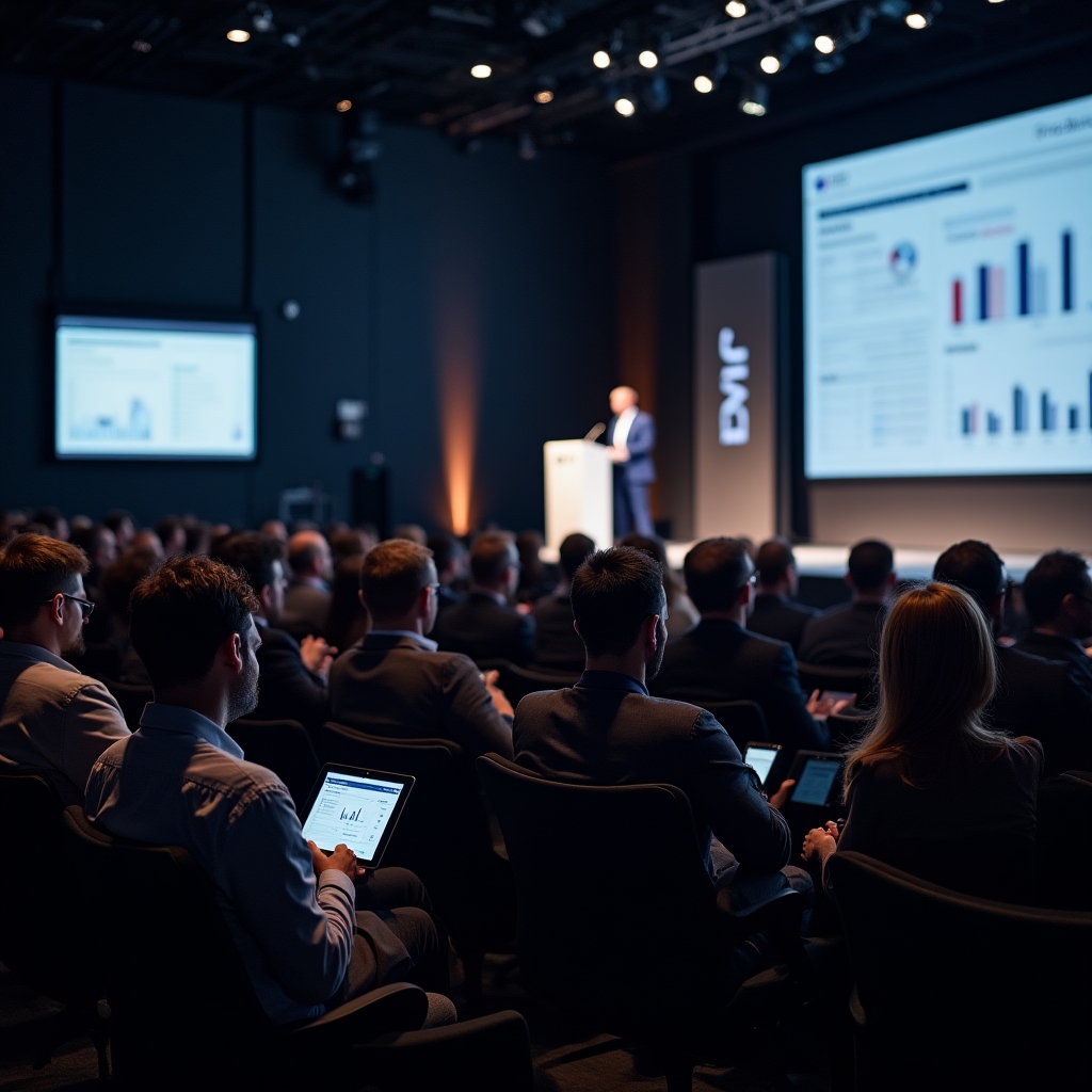 Corporate event with speaker addressing an audience in a conference hall