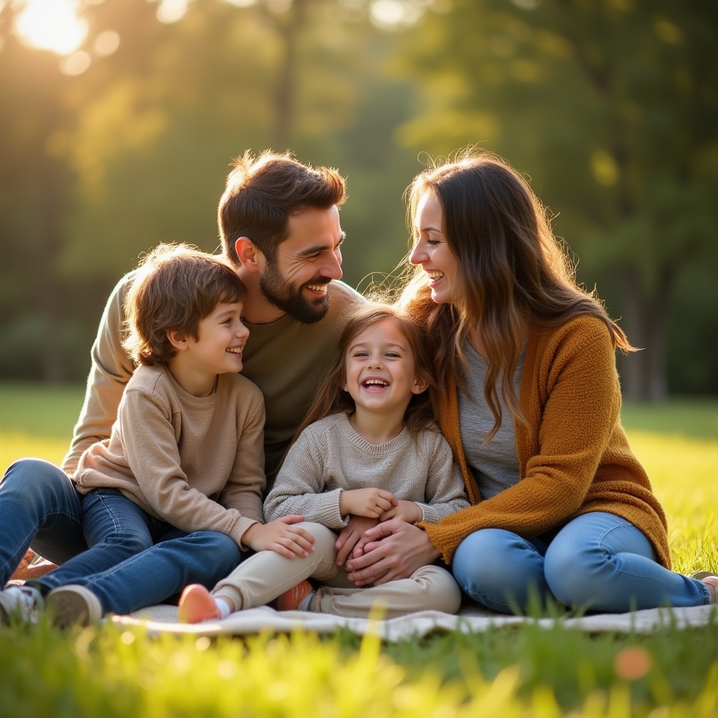 Family portrait session in an outdoor setting with warm afternoon light