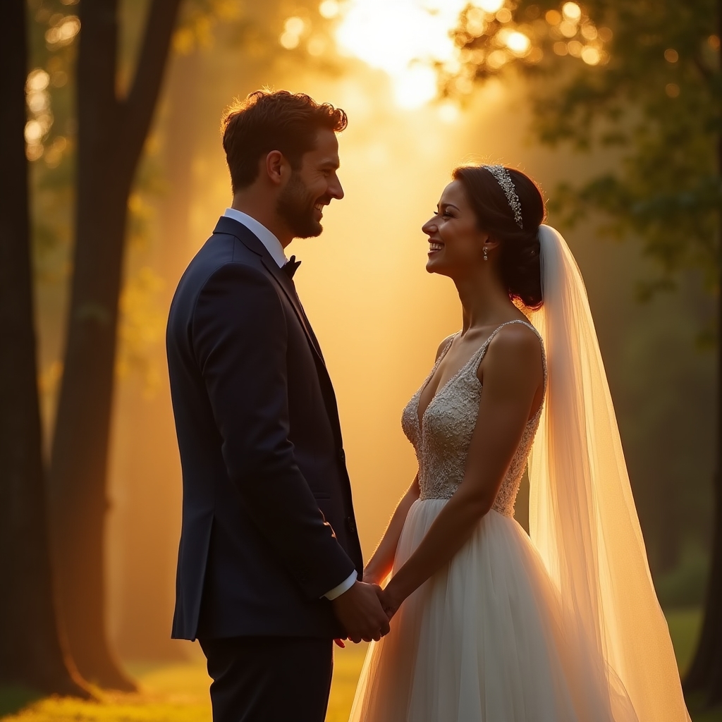 Wedding couple in golden hour light at outdoor ceremony