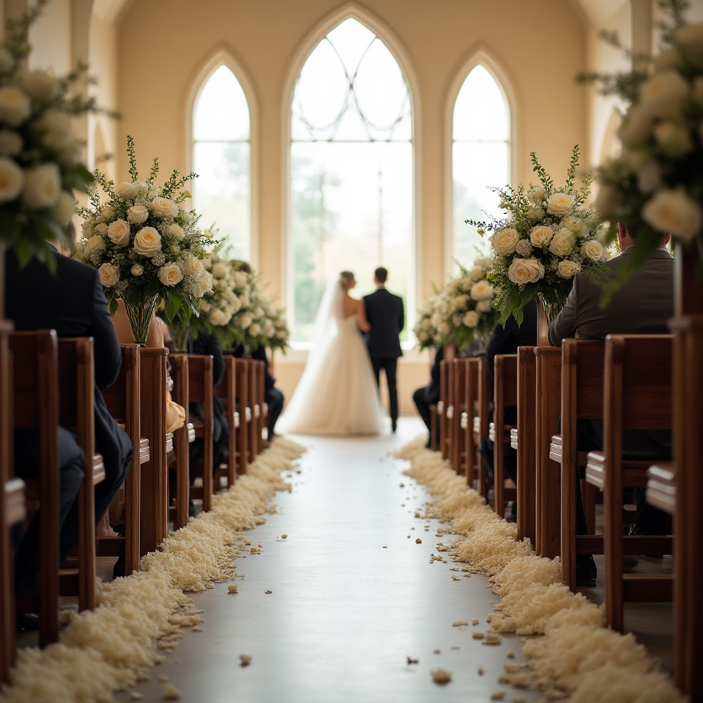 Wedding ceremony with bride walking down the aisle in decorated venue