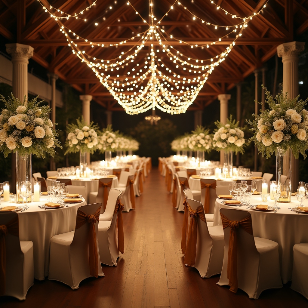 Wedding reception hall decorated with flowers and candles